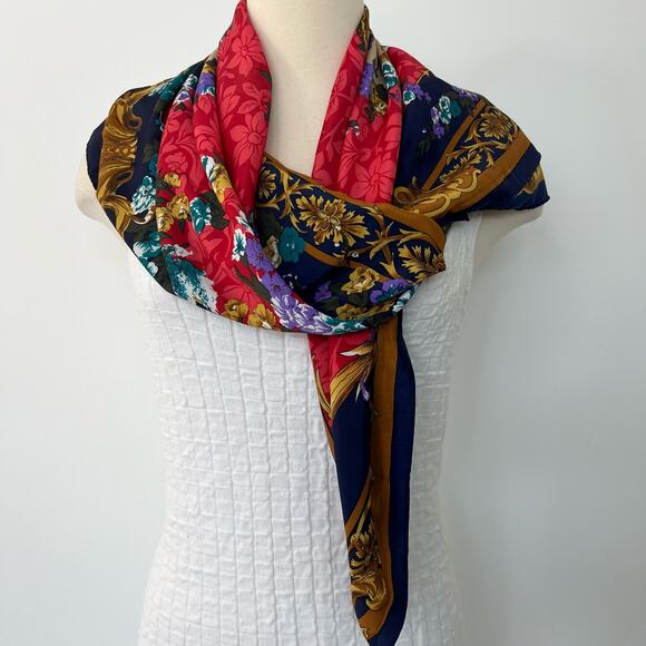 Silk Scarf Floral and Musical Instrument Print Navy Border - Picture 2 of 7